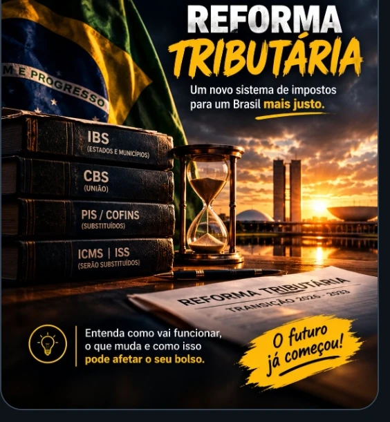 Capa ilustrativa da Reforma Tributária com bandeira do Brasil, livros sobre IBS, CBS, PIS e Cofins, ICMS e ISS, e imagem de transição do sistema.