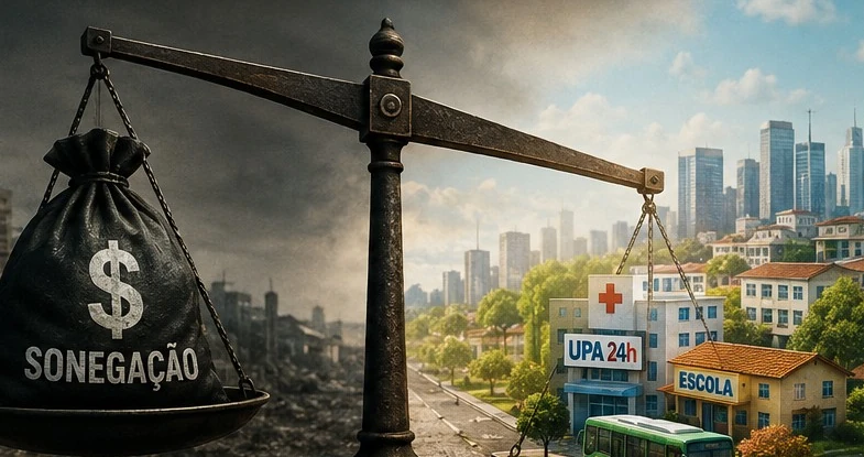 Ilustração de uma balança: de um lado, a sonegação; do outro, uma cidade com hospital, escola e transporte público.